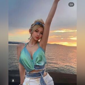 Finesse Irina blue satin belted halter top